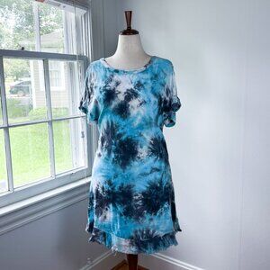 Umgee Blue Tie Dye Frayed Hem Midi Shift Dress Small Cotton Linen Blend Oversize
